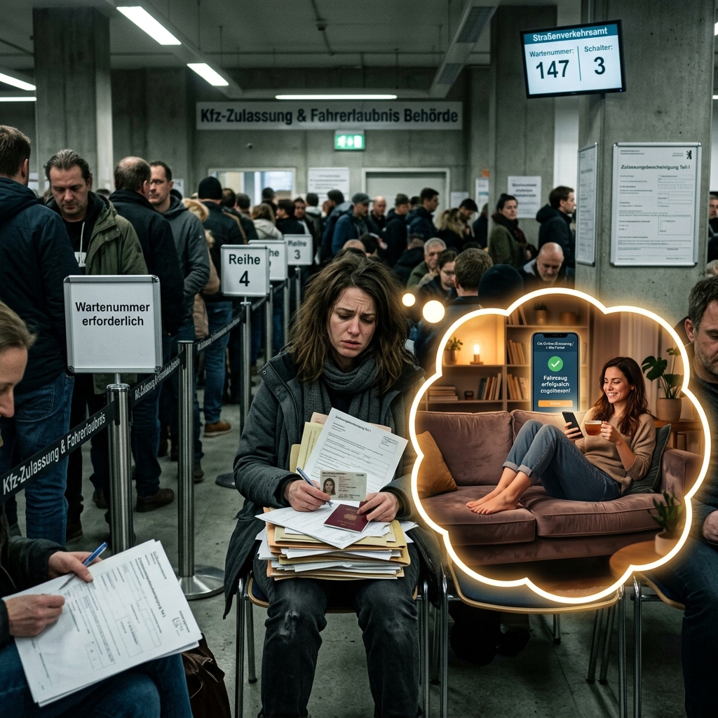 Gestresste Person beim Amt vs Entspannte Person auf Couch